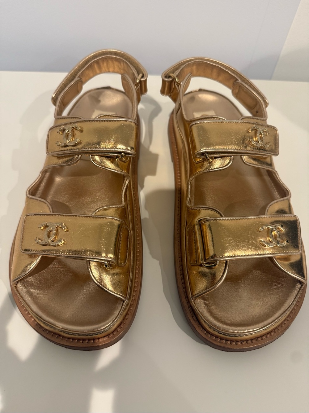 CHANEL Metallic Gold Double-C Strap Sandals